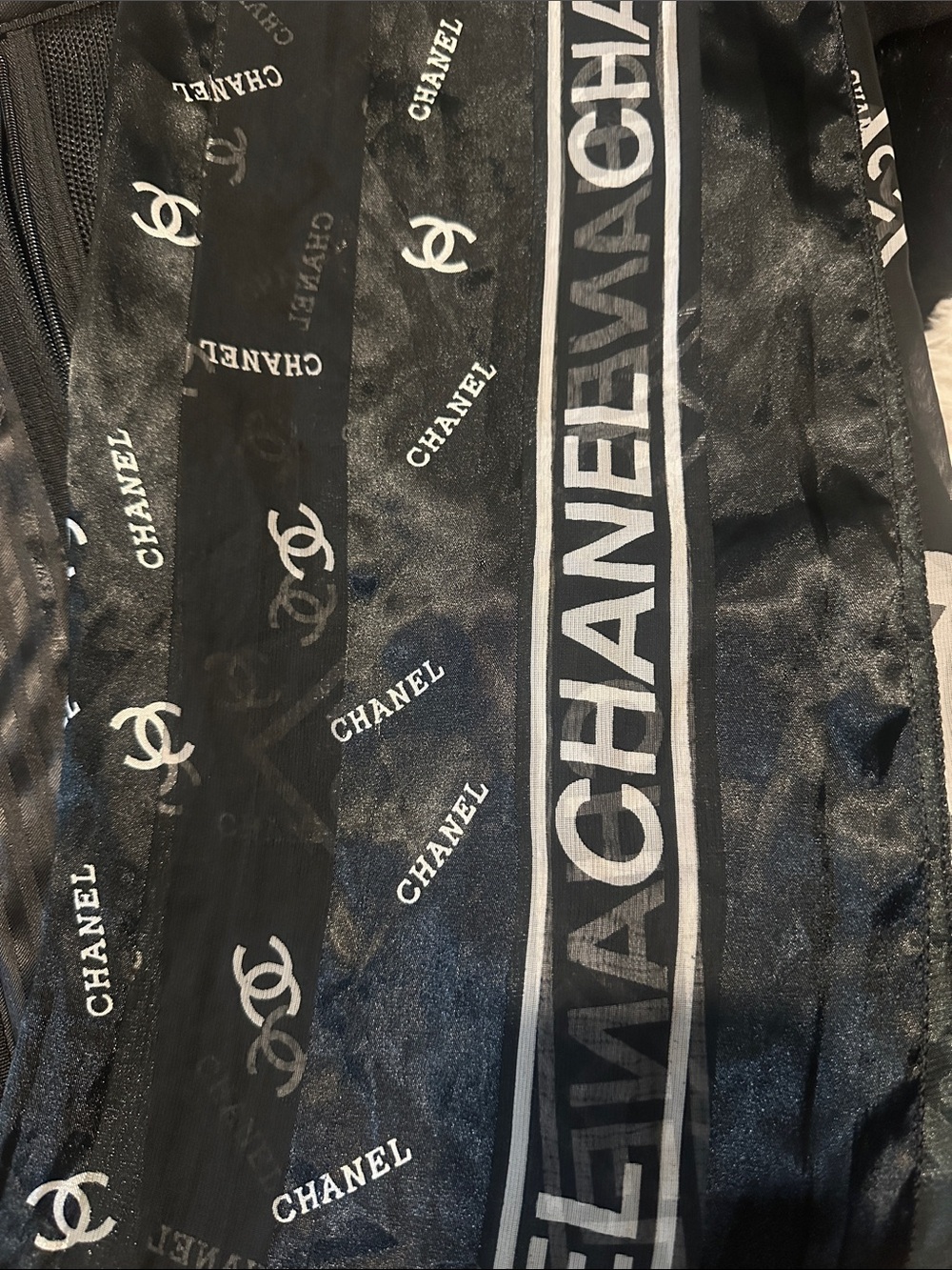 CHANEL Black Scarf with White Logo Stripes